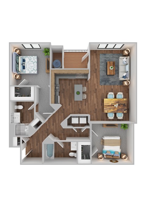 Floor plan for 2 beds, 2 baths, 1299 sqft